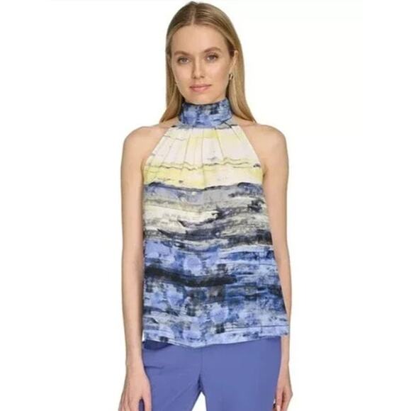 Calvin Klein Women's Sleeveless Watercolor Halter Top in Blue & Yellow - Picture 1 of 1